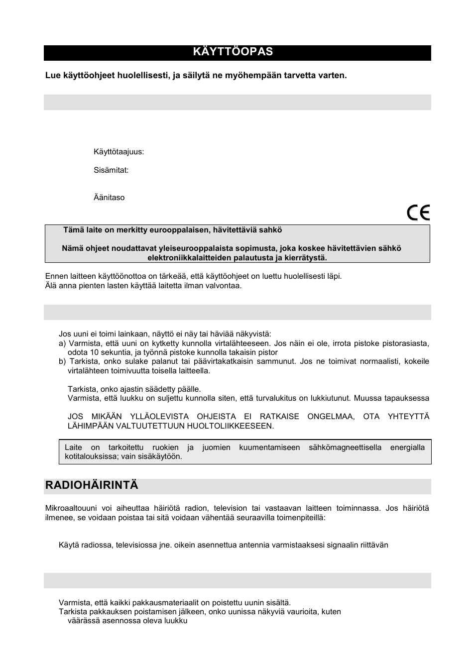Käyttöopas fi, Tekniset tiedot, Ennen kuin soitat korjaajalle | Radiohäirintä, Asennus | Gorenje GMO-20 DGS User Manual | Page 125 / 148