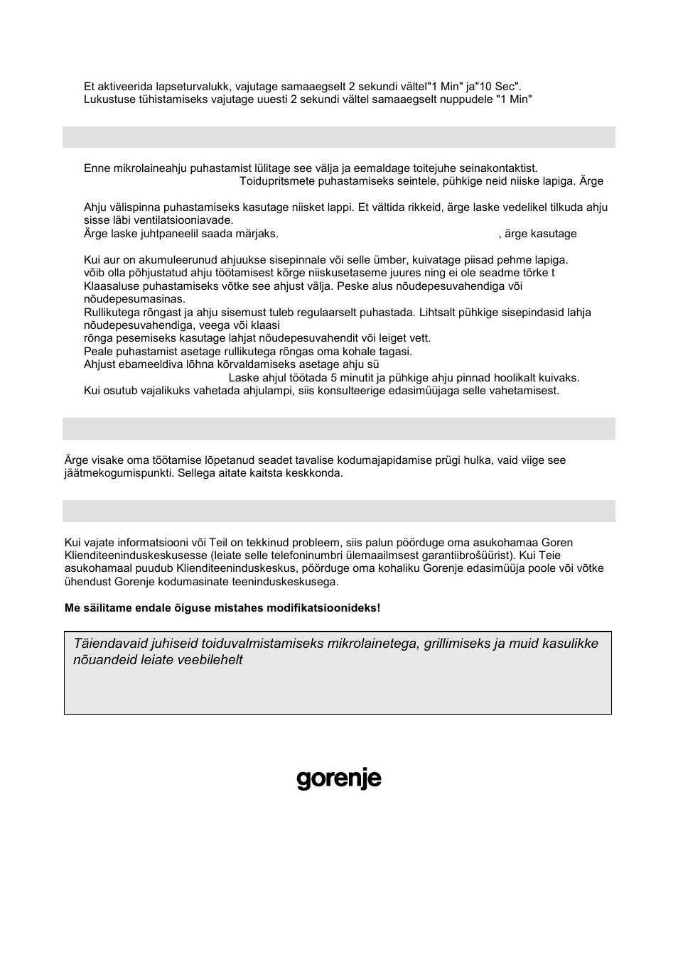 Mikrolaineahju hooldamine, Keskkond, Garantii & hooldus | Gorenje GMO-20 DGS User Manual | Page 148 / 148