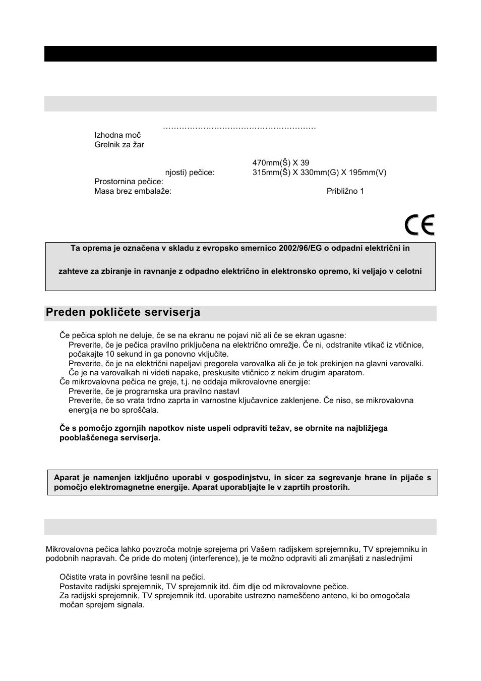 Navodila za uporabo si, Specifikacije, Preden pokliţete serviserja | Radijske motnje (interference) | Gorenje GMO-20 DGS User Manual | Page 3 / 148