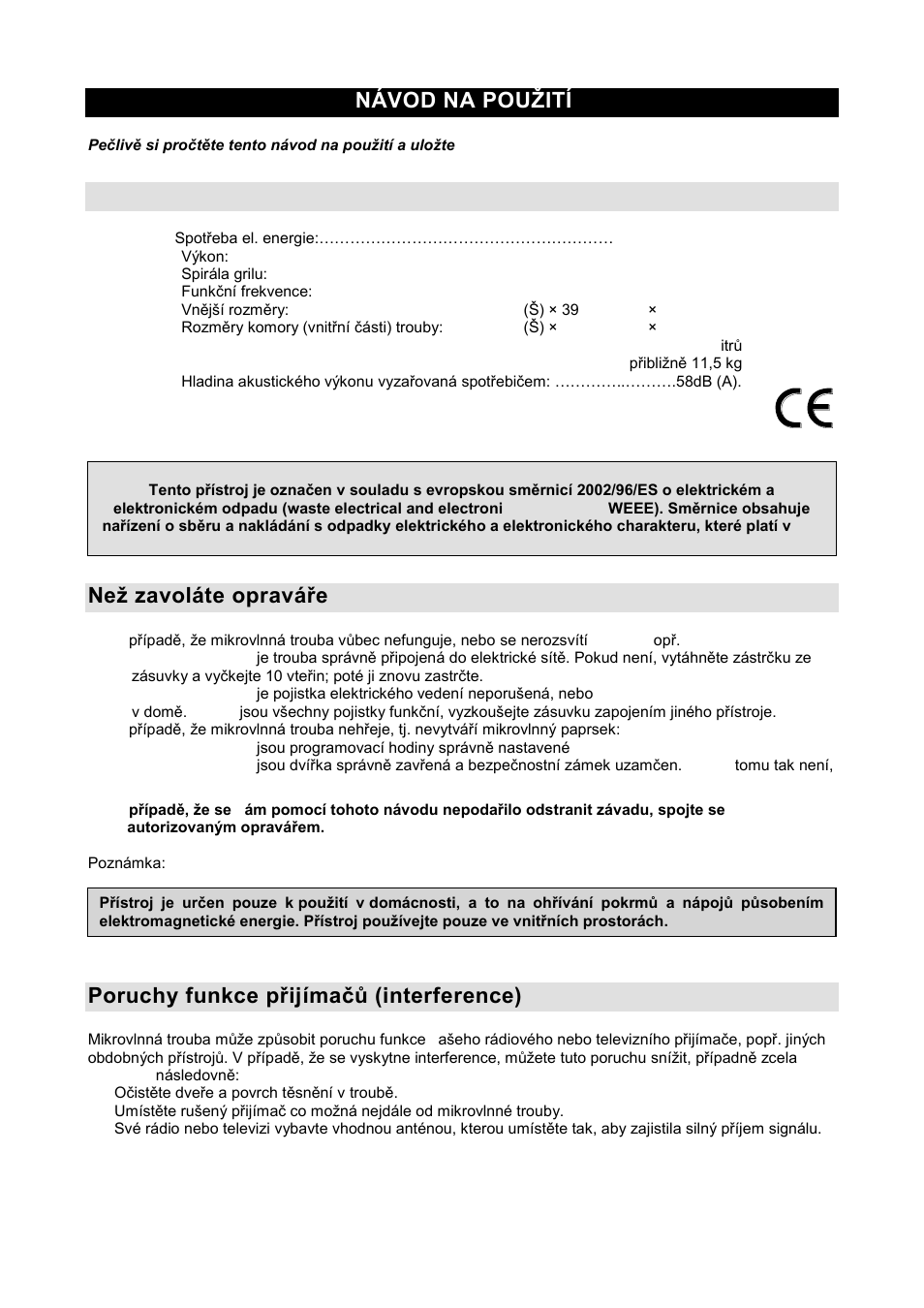 Návod na pouņití cz, Specifikace, Neņ zavoláte opraváře | Poruchy funkce přijímaţů (interference) | Gorenje GMO-20 DGS User Manual | Page 81 / 148