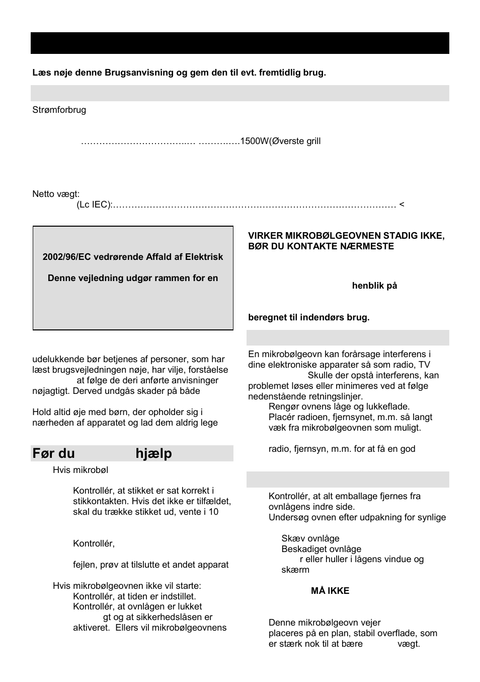 Brugsanvisning dk, Tekniske data, Før du tilkalder hjælp | Interference i radioudstyr, Installation | Gorenje GMO-25 Ora Ito User Manual | Page 112 / 169