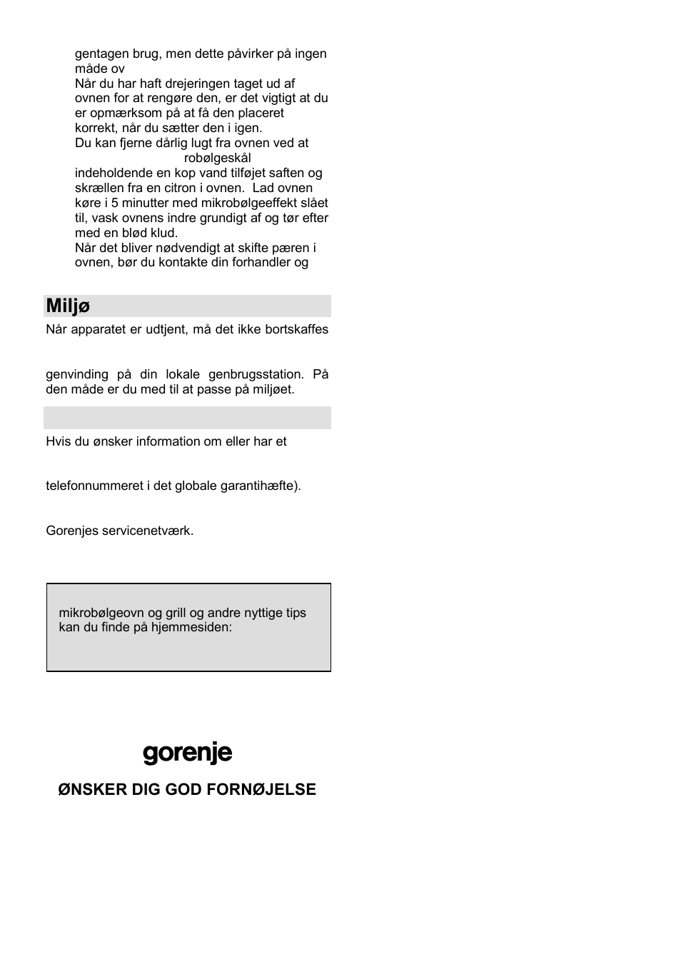 Miljø, Garanti og service | Gorenje GMO-25 Ora Ito User Manual | Page 118 / 169