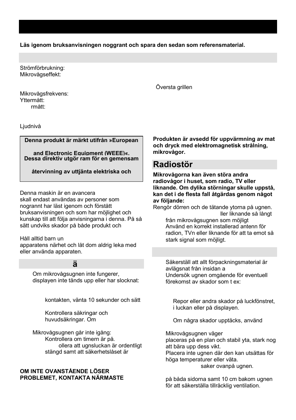 Bruksanvisning se, Tekniska specifikationer, Innan du beg är service | Radiostörningar, Installation | Gorenje GMO-25 Ora Ito User Manual | Page 119 / 169