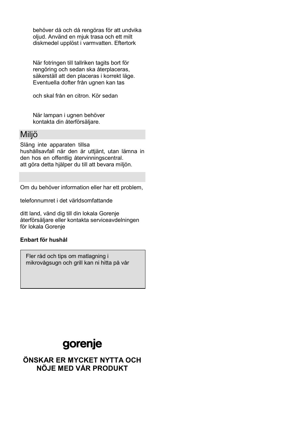 Miljö, Garanti & service | Gorenje GMO-25 Ora Ito User Manual | Page 125 / 169