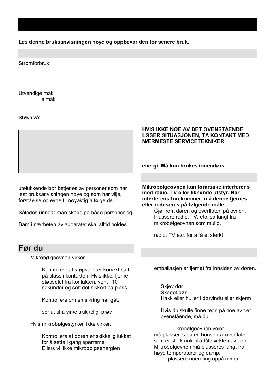 Bruksanvisning no, Spesifikasjoner, Før du ringer service | Radiointerferens, Installasjon | Gorenje GMO-25 Ora Ito User Manual | Page 126 / 169