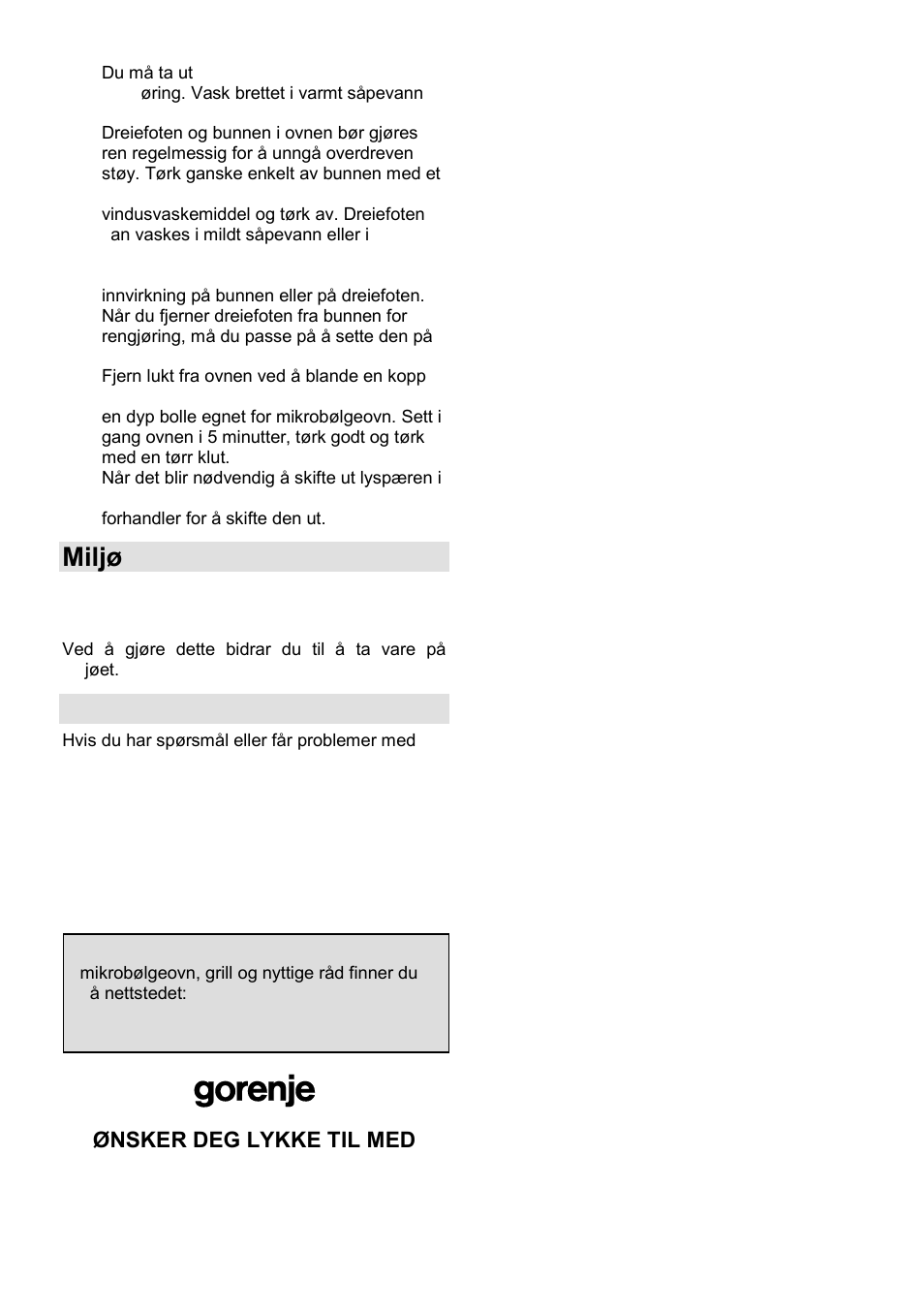 Miljø, Garanti og service | Gorenje GMO-25 Ora Ito User Manual | Page 132 / 169