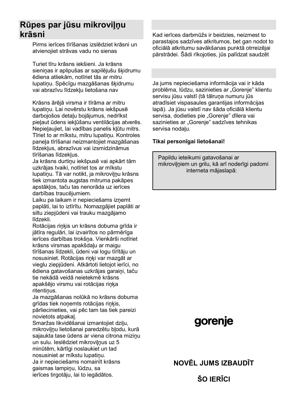 Rūpes par jūsu mikroviļņu krāsni, Vide, Garantija un serviss | Gorenje GMO-25 Ora Ito User Manual | Page 146 / 169