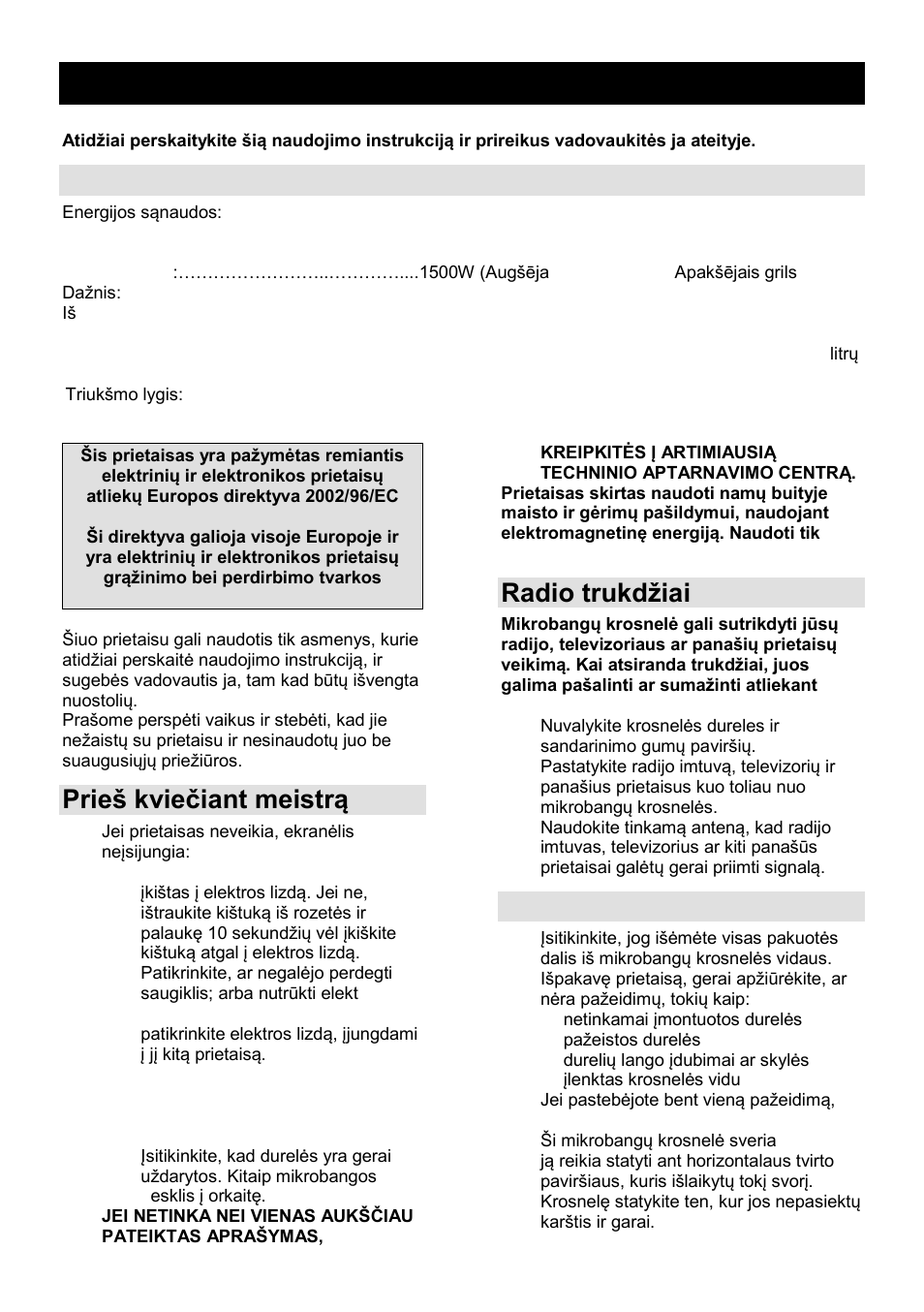 Naudojimo instrukcija lt, Techniniai duomenys, Prień kvieĉiant meistrą | Radio trukdņiai, Montavimas | Gorenje GMO-25 Ora Ito User Manual | Page 147 / 169