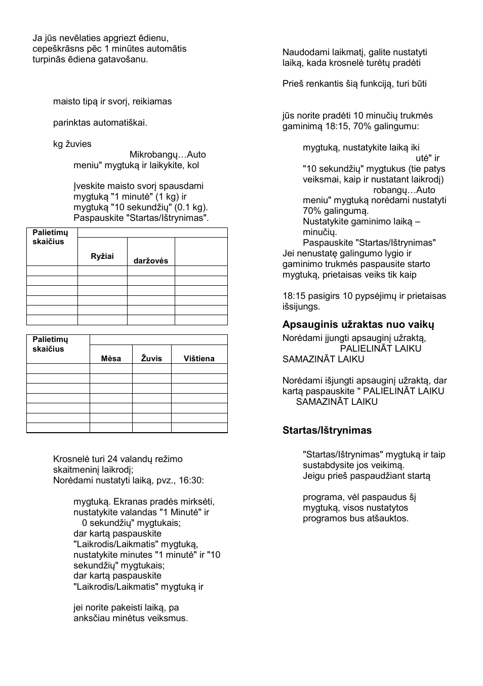 Automatinis gaminimas - meniu, Laikrodis, Laikmatis | Apsauginis uņraktas nuo vaikų, Startas/ińtrynimas | Gorenje GMO-25 Ora Ito User Manual | Page 152 / 169