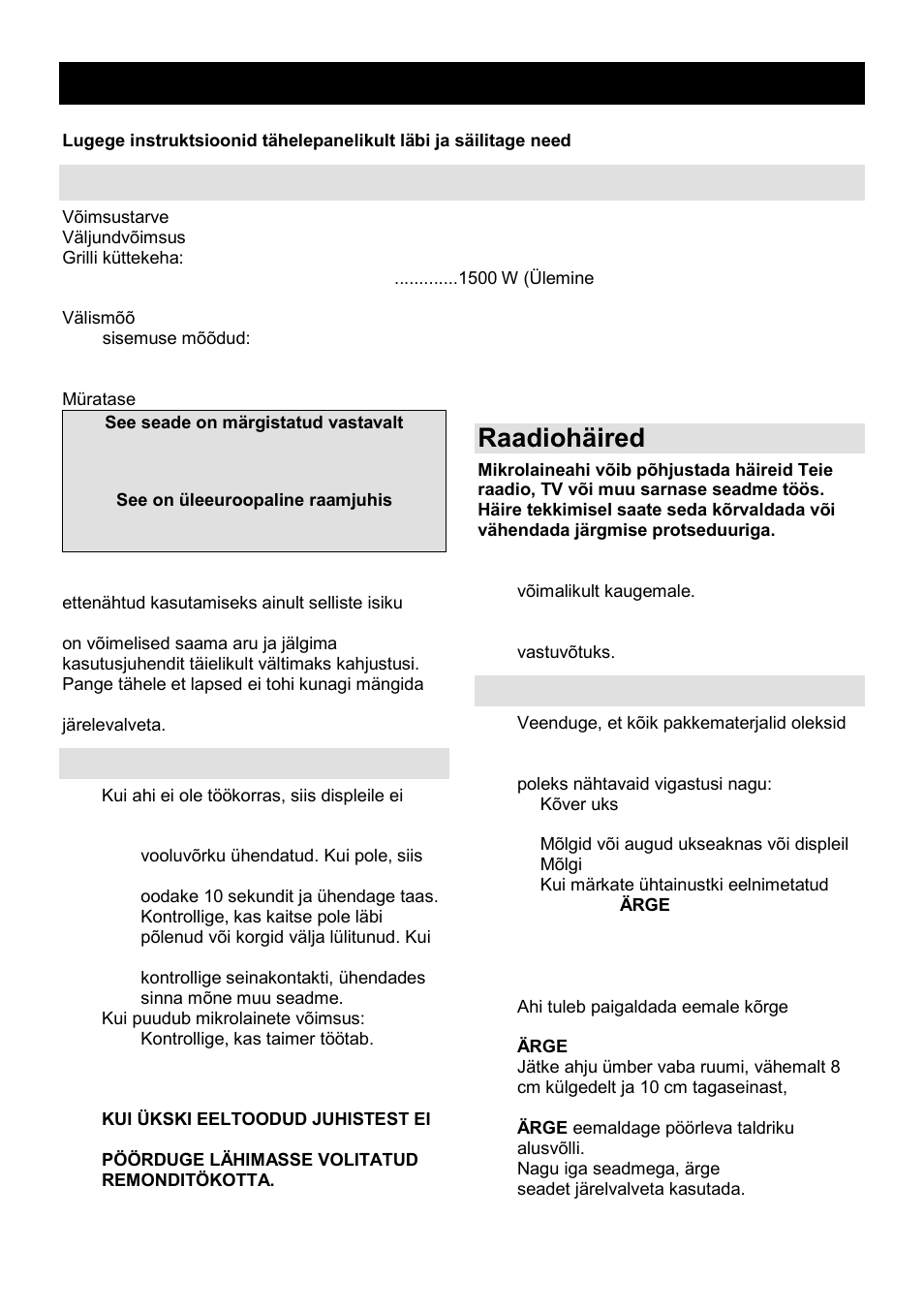 Kasutusjuhend ee, Tehnilised andmed, Enne hooldusesse helistamist | Raadiohäired, Paigaldamine | Gorenje GMO-25 Ora Ito User Manual | Page 154 / 169