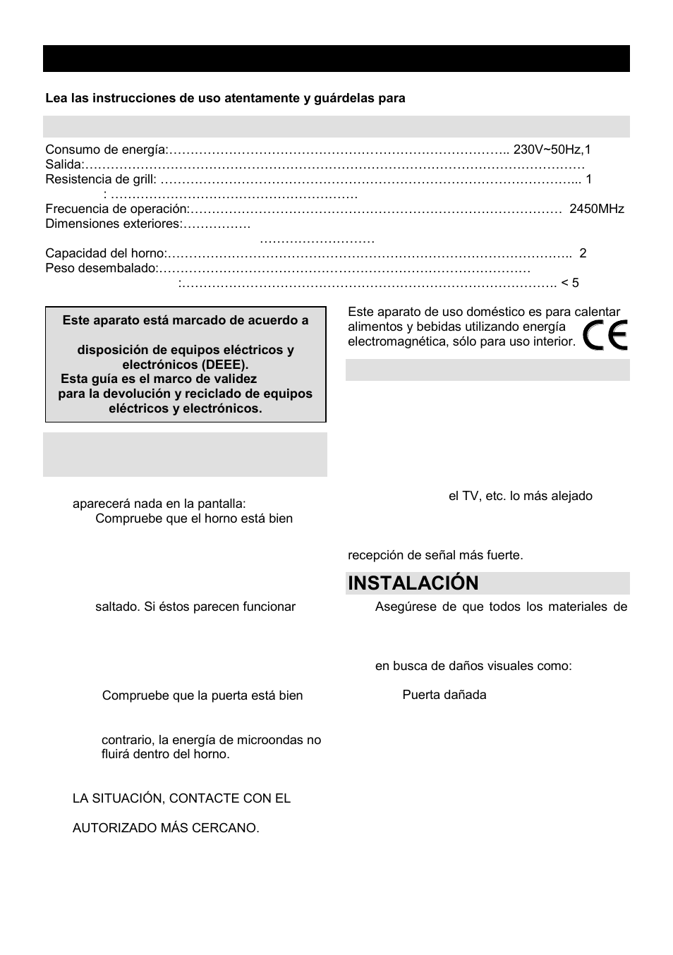 Manual de instrucciones del propietario es, Especificaciones, Antes de llamar al centro de reparaciones | Interferencias de radio, Instalación | Gorenje GMO-25 Ora Ito User Manual | Page 161 / 169