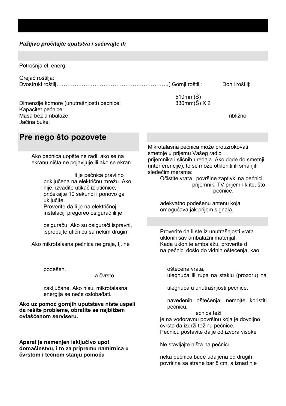 Uputstvo za upotrebu srb mne, Specifikacije, Pre nego ńto pozovete servisera | Radio-smetnje (interferencije), Postavljanje | Gorenje GMO-25 Ora Ito User Manual | Page 17 / 169