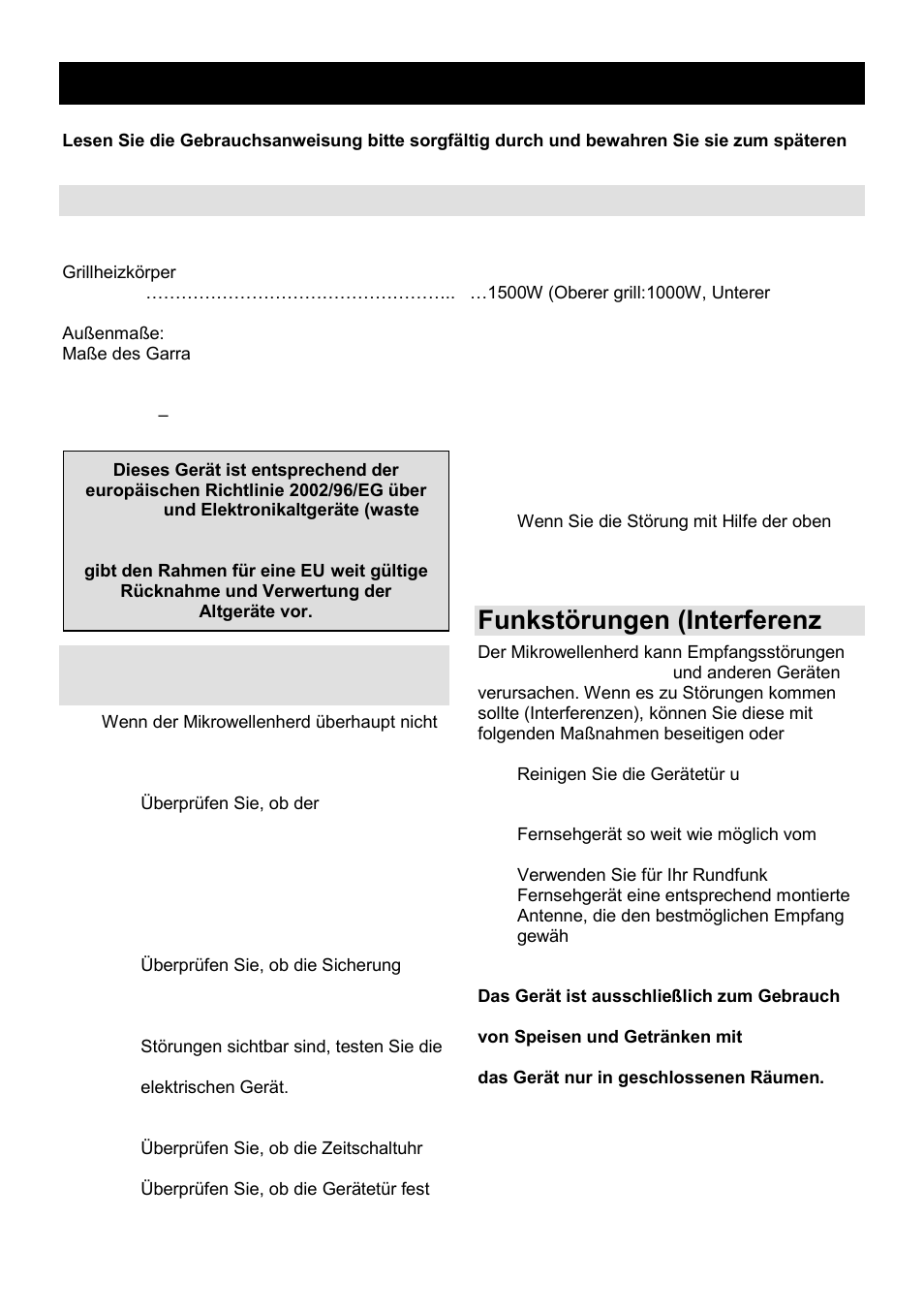 Gebrauchsanweisung de, Technische daten, Bevor sie den kundendienst anrufen | Funkstörungen (interferenzen) | Gorenje GMO-25 Ora Ito User Manual | Page 39 / 169