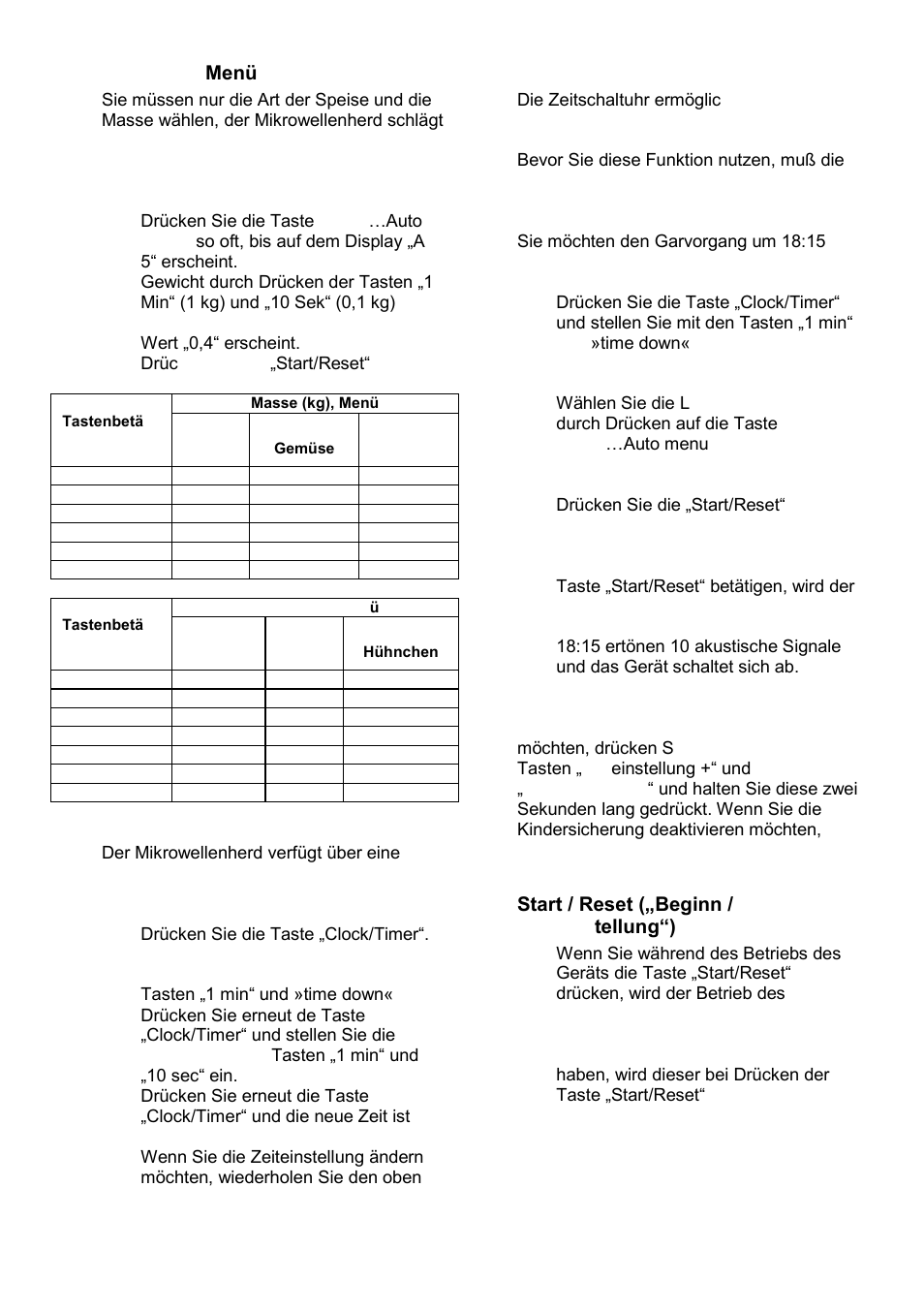 Automatik- menü, Zeitschaltuhr, Kindersicherung | Start / reset („beginn / neueins tellung“) | Gorenje GMO-25 Ora Ito User Manual | Page 45 / 169