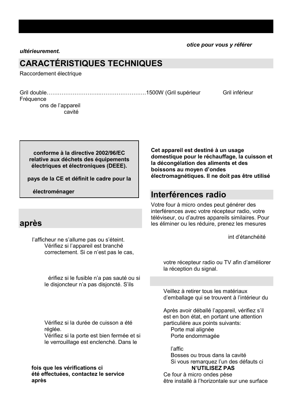 Notice d'utilisation fr, Caractéristiques techniques, Avant de contacter le service après-vente | Interférences radio, Installation | Gorenje GMO-25 Ora Ito User Manual | Page 47 / 169