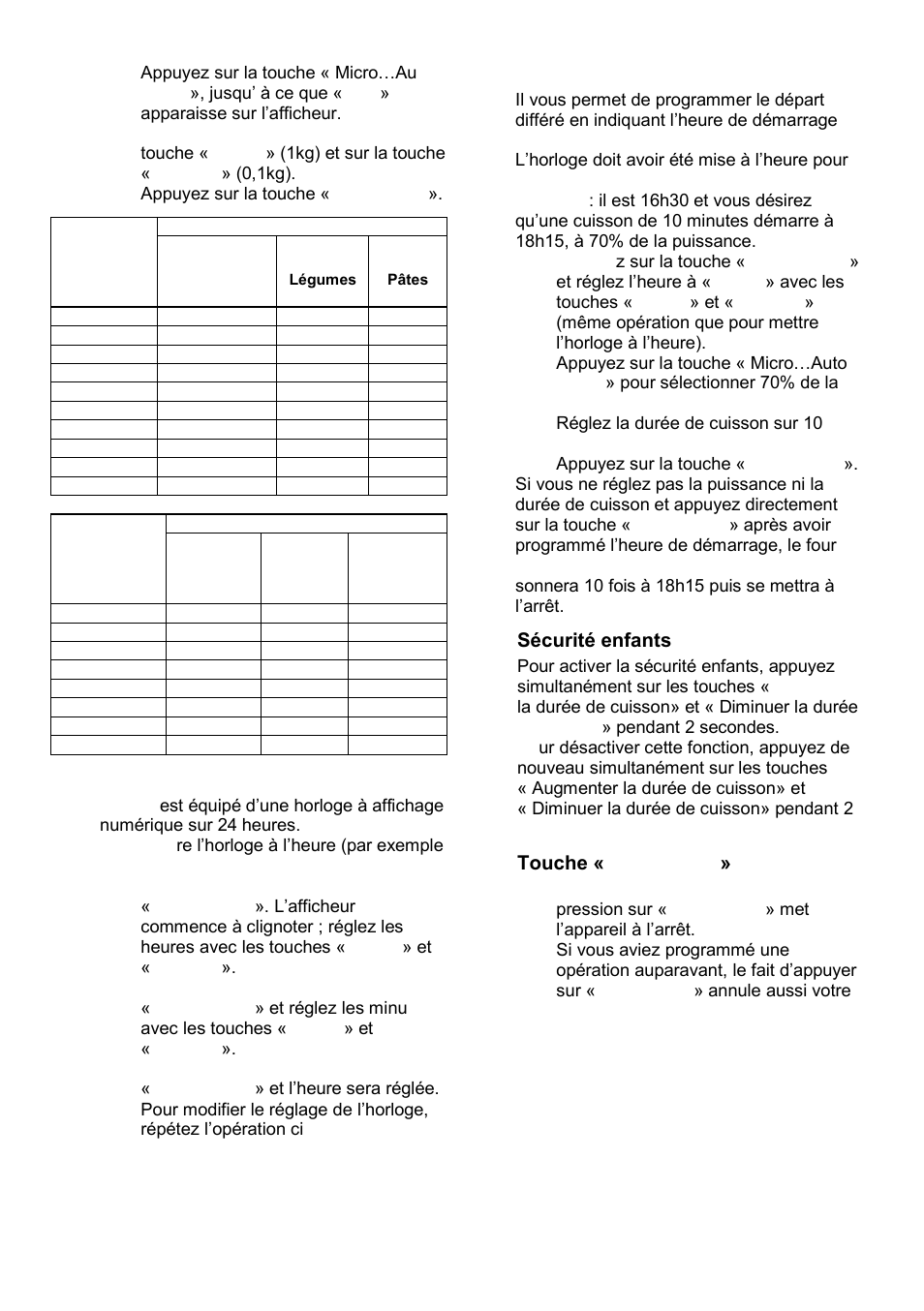 Horloge, Programmateur, Sécurité enfants | Touche « start/reset | Gorenje GMO-25 Ora Ito User Manual | Page 52 / 169