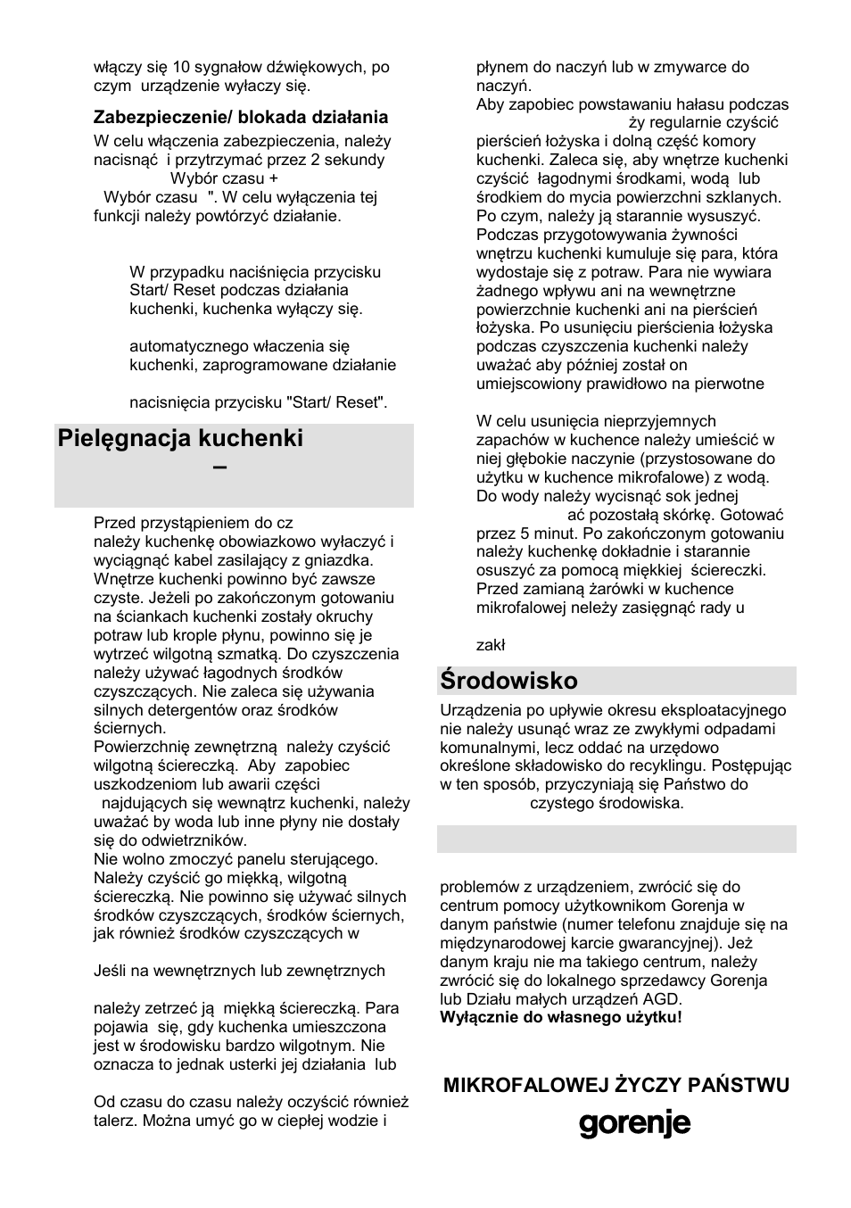 Środowisko, Gwarancja i serwis naprawczy | Gorenje GMO-25 Ora Ito User Manual | Page 68 / 169