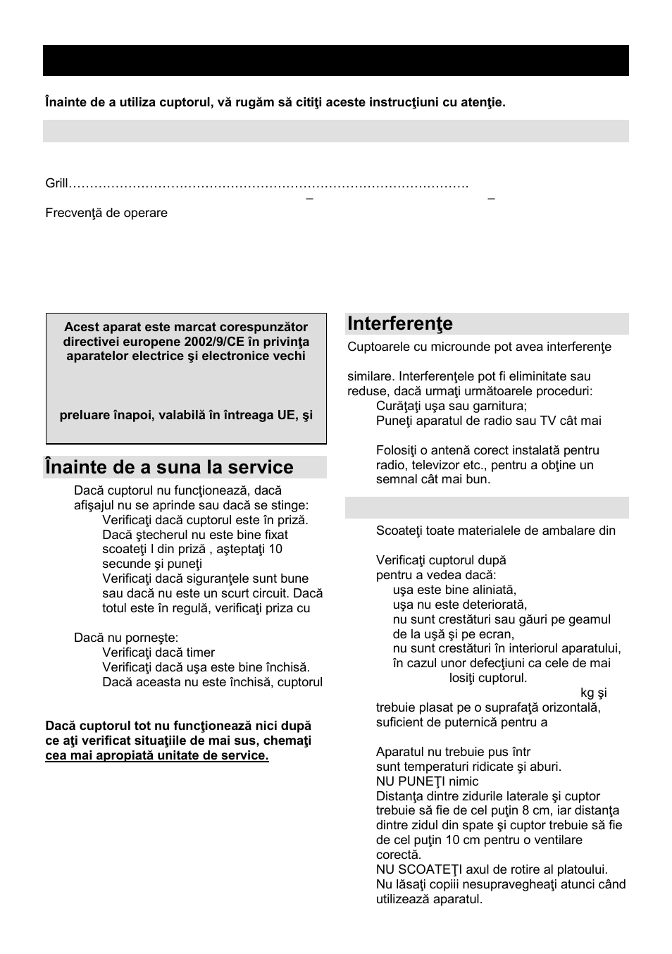 Manual de utilizare ro, Caracteristici, Înainte de a suna la service | Interferenŝe radio, Instalare | Gorenje GMO-25 Ora Ito User Manual | Page 69 / 169