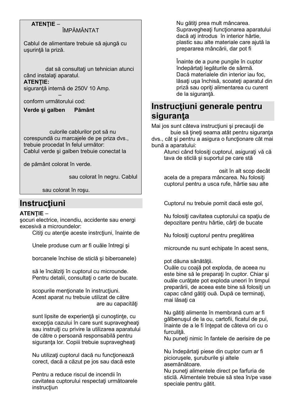 Instrucŝiuni importante, Instrucŝiuni generale pentru siguranŝa dvs | Gorenje GMO-25 Ora Ito User Manual | Page 70 / 169