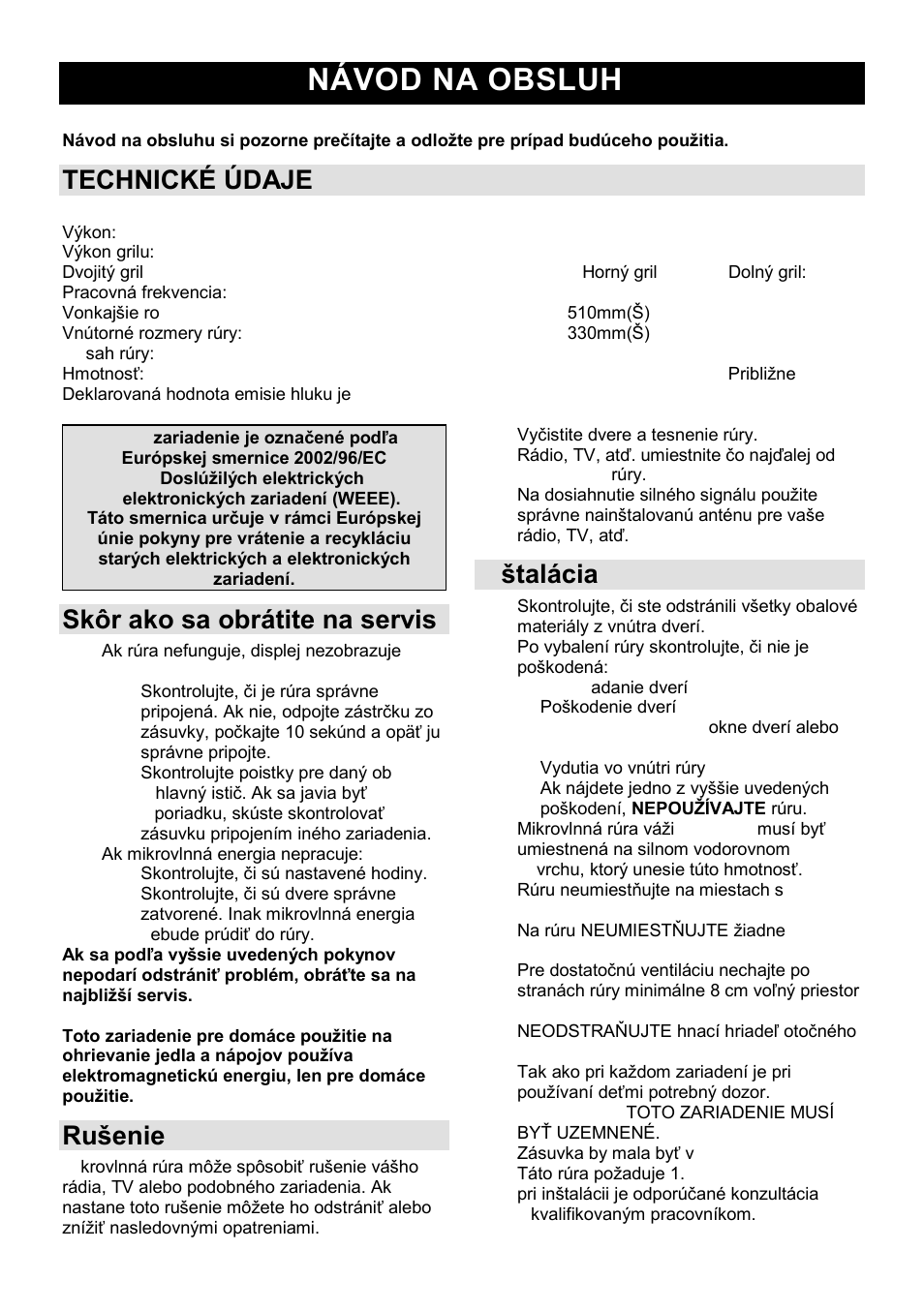 Návod na obsluhu sk, Technické údaje, Skôr ako sa obrátite na servis | Ruńenie | Gorenje GMO-25 Ora Ito User Manual | Page 76 / 169