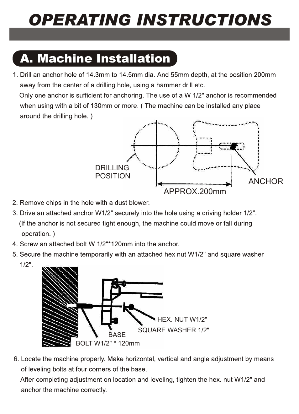 Operating instructions, A. machine installation | Diamond Products M1AA-15 User Manual | Page 20 / 32