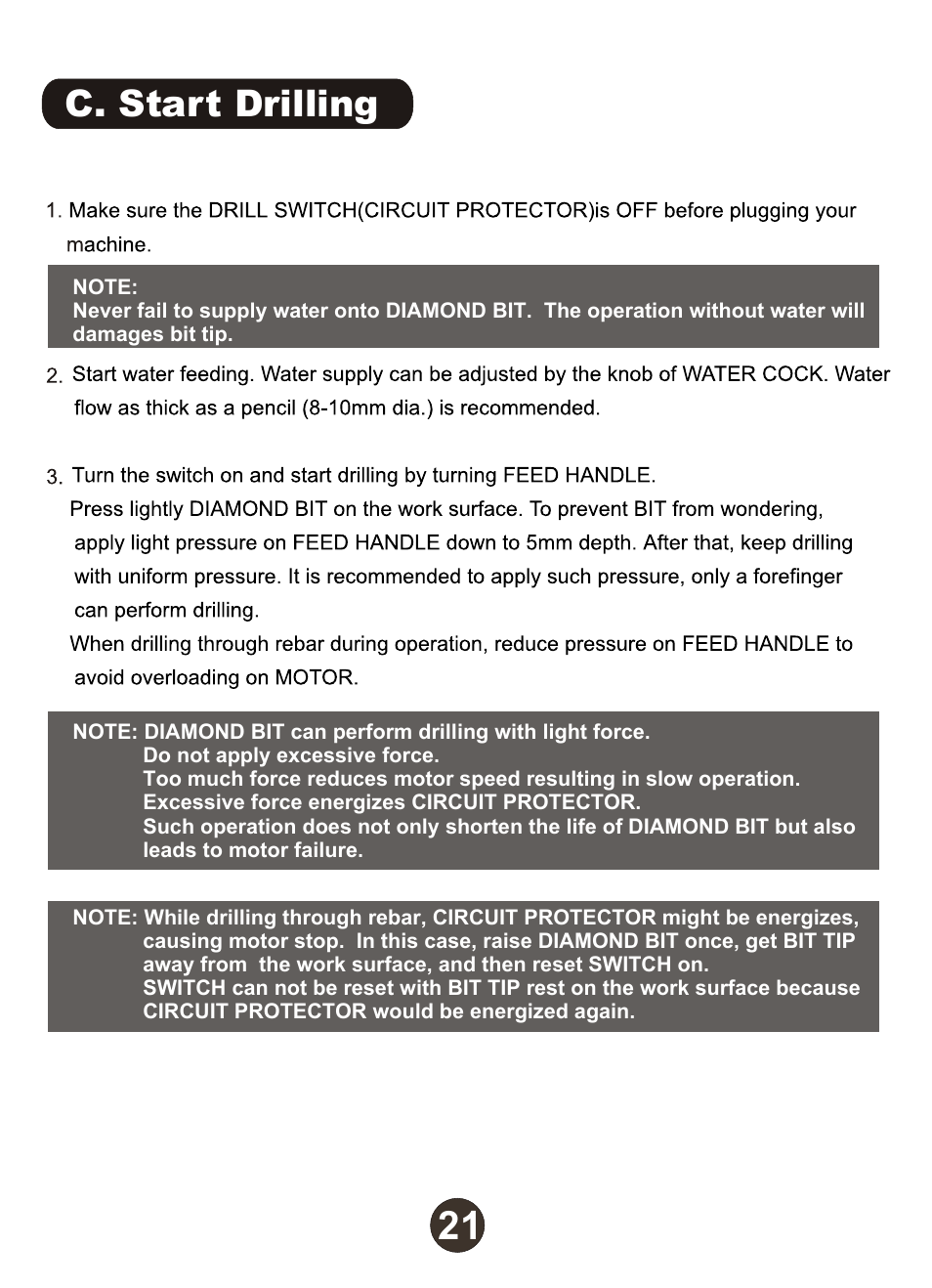C. start drilling | Diamond Products M1AA-15 User Manual | Page 22 / 32