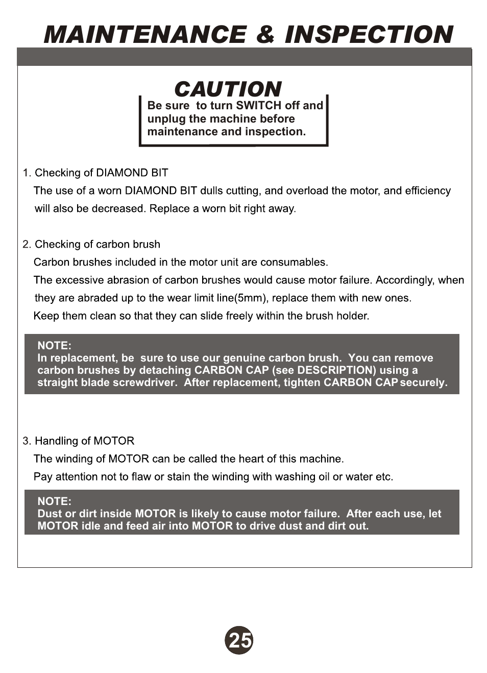 Maintenance & inspection, Caution | Diamond Products M1AA-15 User Manual | Page 26 / 32