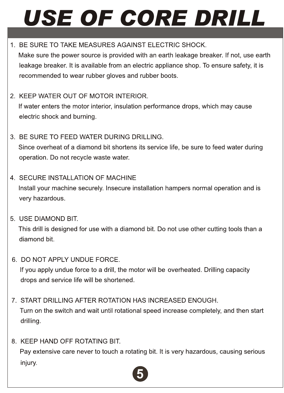 Use of core drill | Diamond Products M1AA-15 User Manual | Page 6 / 32