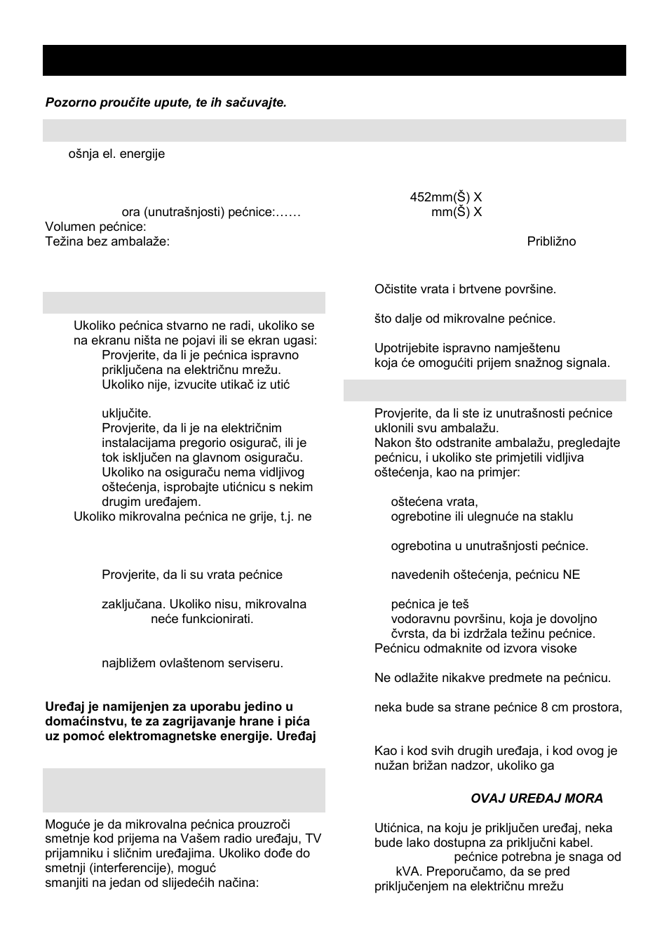 Upute za uporabu hr, Specifikacija, Prije nego pozovete servisera | Radijske smetnje (interferencija), Postavljanje | Gorenje MO-20 DSII User Manual | Page 10 / 104