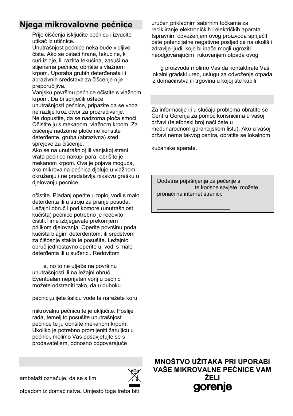 Njega mikrovalovne pećnice, Okolina, Garancija i servis | Gorenje MO-20 DSII User Manual | Page 16 / 104