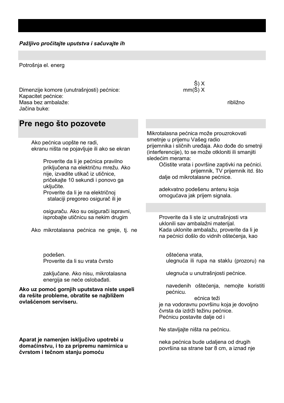 Uputstvo za upotrebu srb-mne, Specifikacije, Pre nego ńto pozovete servisera | Radio-smetnje (interferencije), Postavljanje | Gorenje MO-20 DSII User Manual | Page 17 / 104