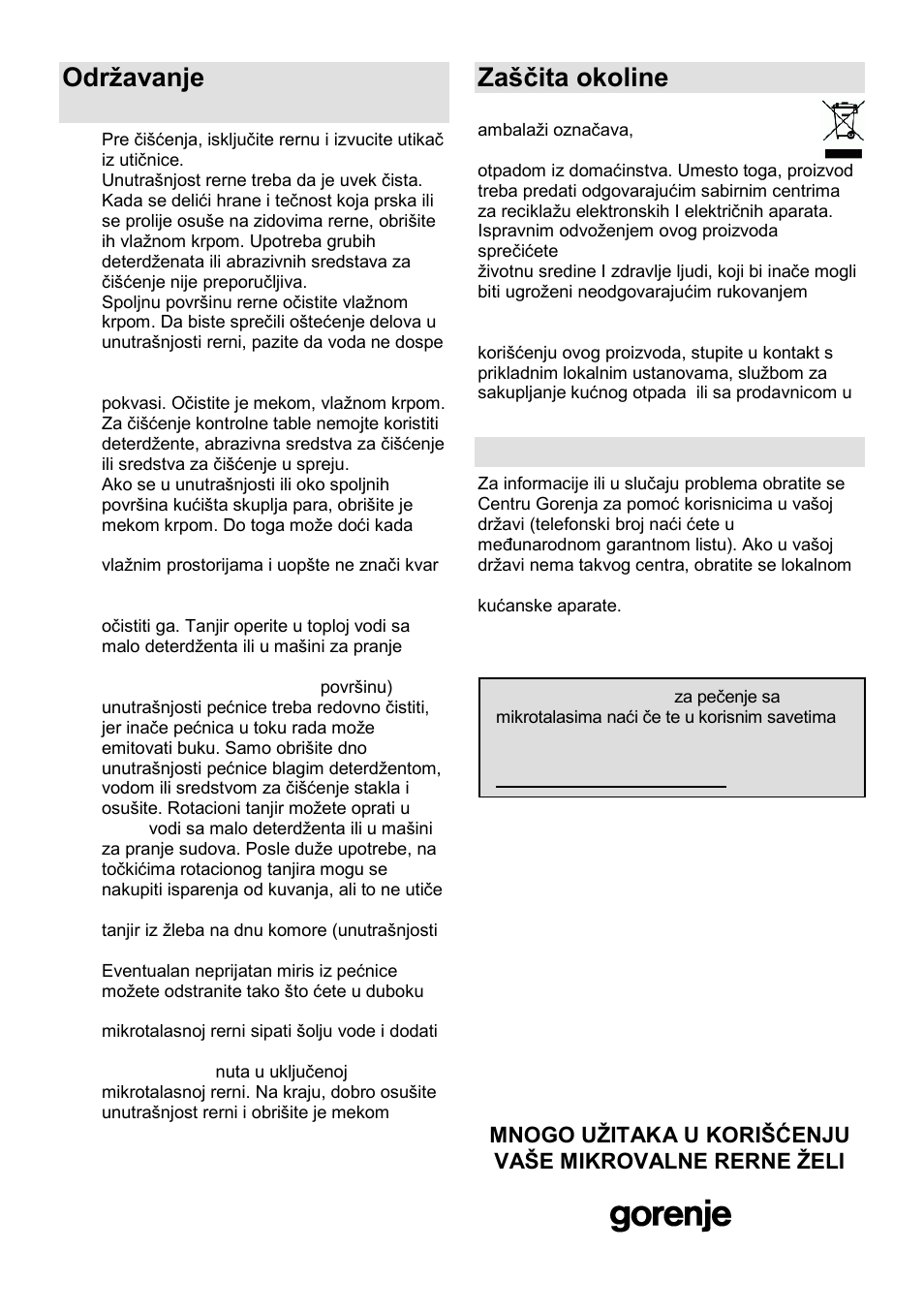 Odrņavanje mikrotalasne rerne, Zańĉita okoline, Garancija i servis | Gorenje MO-20 DSII User Manual | Page 23 / 104