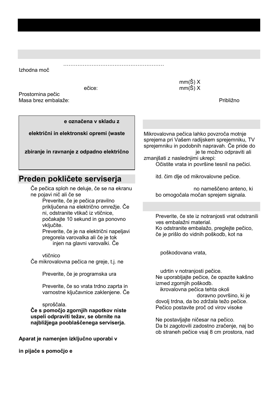 Navodila za uporabo si, Specifikacije, Preden pokliĉete serviserja | Radijske motnje (interference), Namestitev | Gorenje MO-20 DSII User Manual | Page 3 / 104