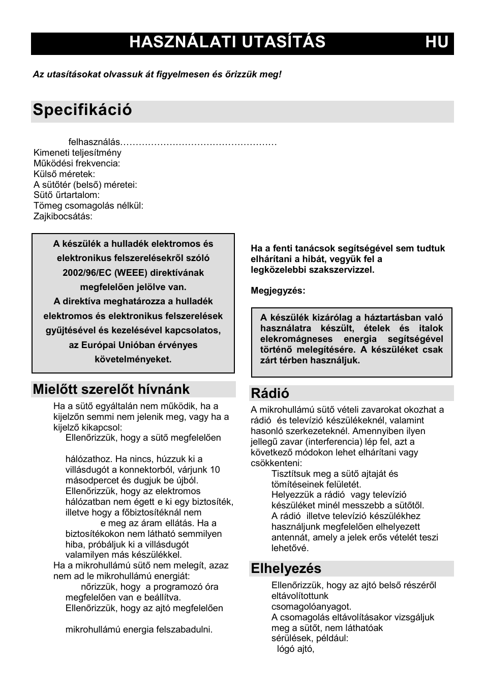 Használati utasítás hu, Specifikáció, Mielőtt szerelőt hívnánk | Rádió-zavarok (interferencia), Elhelyezés | Gorenje MO-20 DSII User Manual | Page 39 / 104