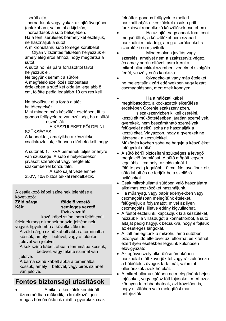 Fontos biztonsági utasítások | Gorenje MO-20 DSII User Manual | Page 40 / 104