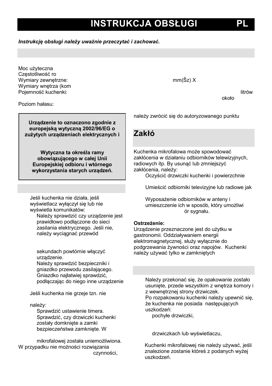 Instrukcja obsługi pl, Charakterystyki techniczne, Przed wezwaniem serwisu | Instalacja | Gorenje MO-20 DSII User Manual | Page 47 / 104