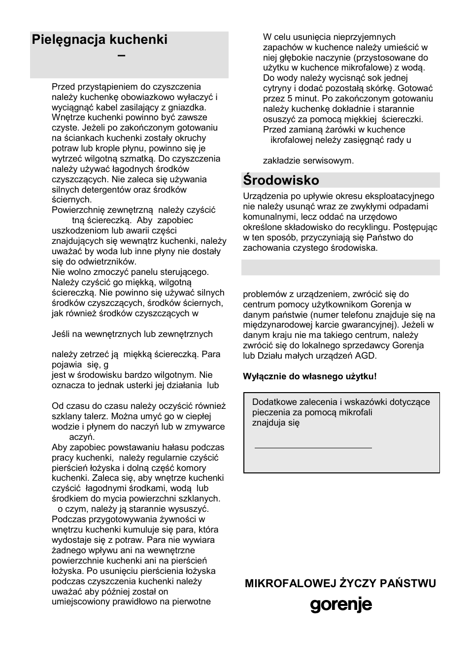 Środowisko, Gwarancja i serwis naprawczy | Gorenje MO-20 DSII User Manual | Page 54 / 104
