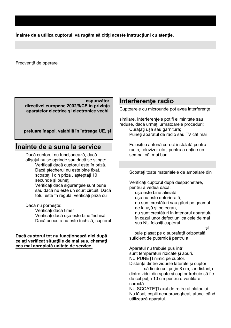 Manual de utilizare ro, Caracteristici, Înainte de a suna la service | Interferenŝe radio, Instalare | Gorenje MO-20 DSII User Manual | Page 55 / 104
