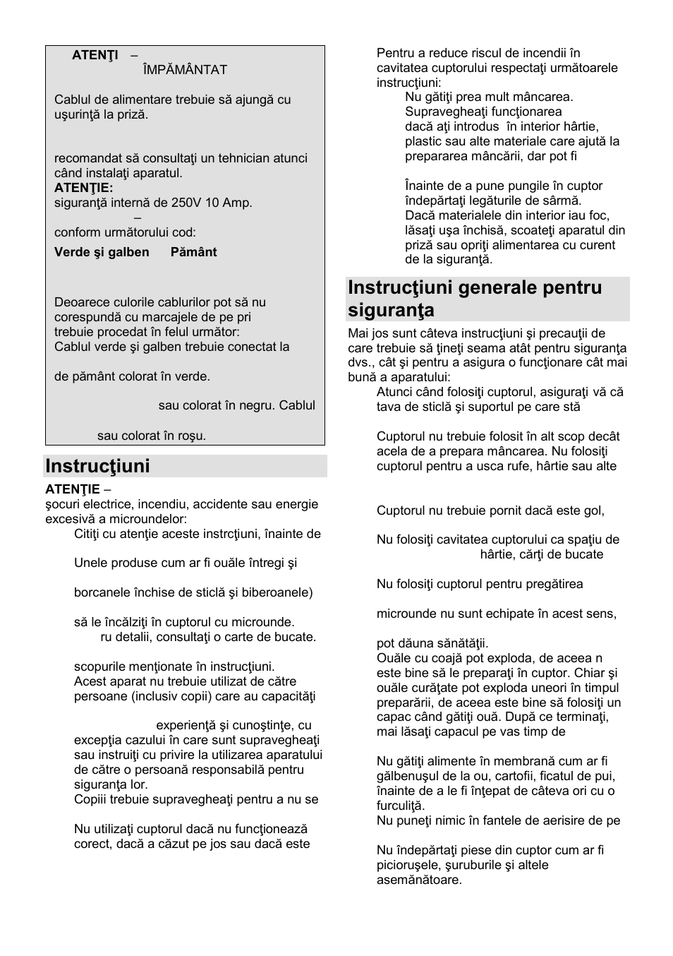 Instrucŝiuni importante, Instrucŝiuni generale pentru siguranŝa dvs | Gorenje MO-20 DSII User Manual | Page 56 / 104
