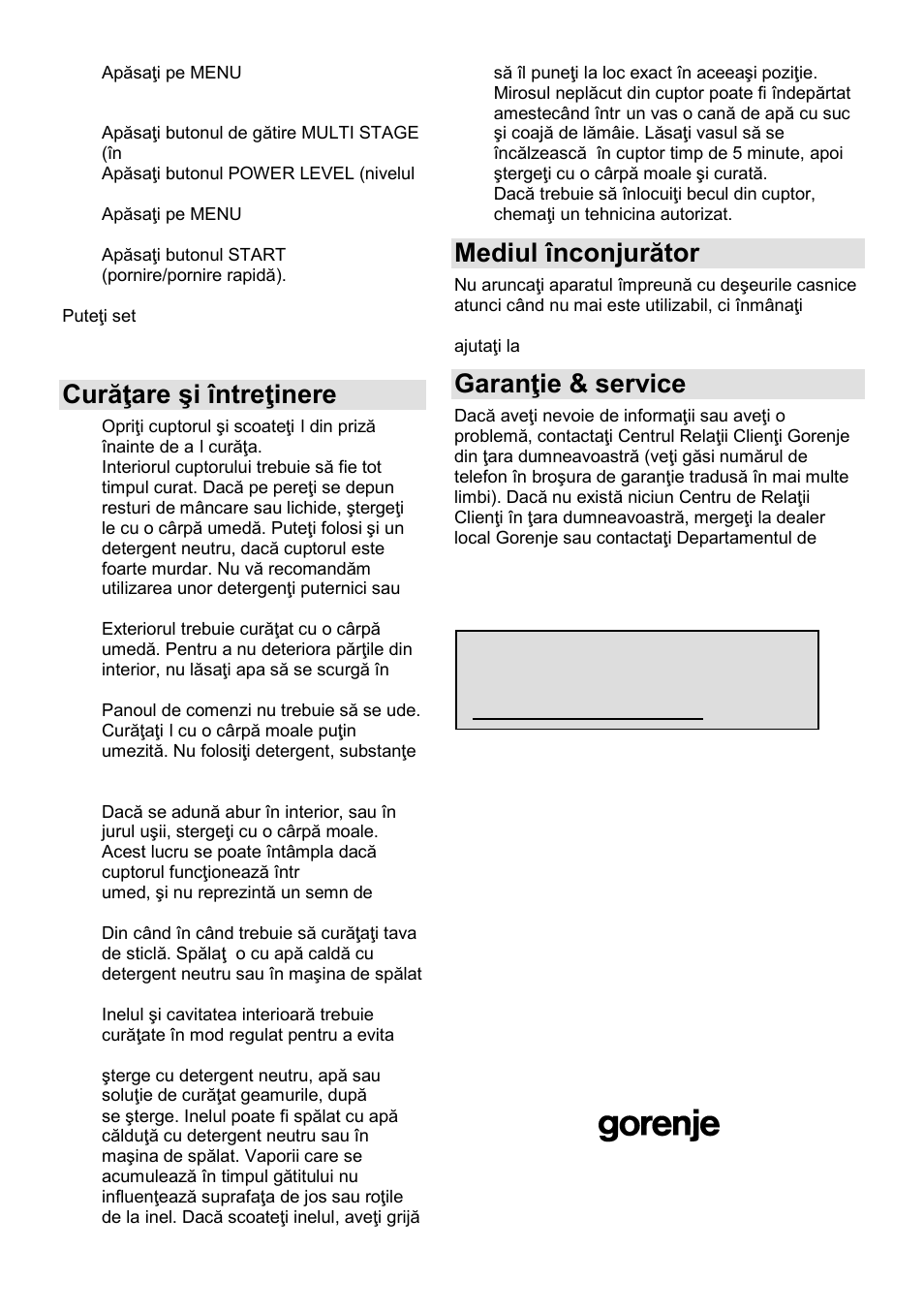 Curăŝare şi întreŝinere, Mediul înconjurător, Garanŝie & service | Gorenje MO-20 DSII User Manual | Page 61 / 104