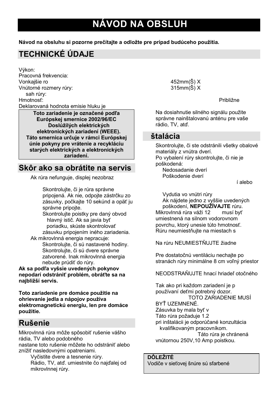 Návod na obsluhu sk, Technické údaje, Skôr ako sa obrátite na servis | Ruńenie | Gorenje MO-20 DSII User Manual | Page 62 / 104