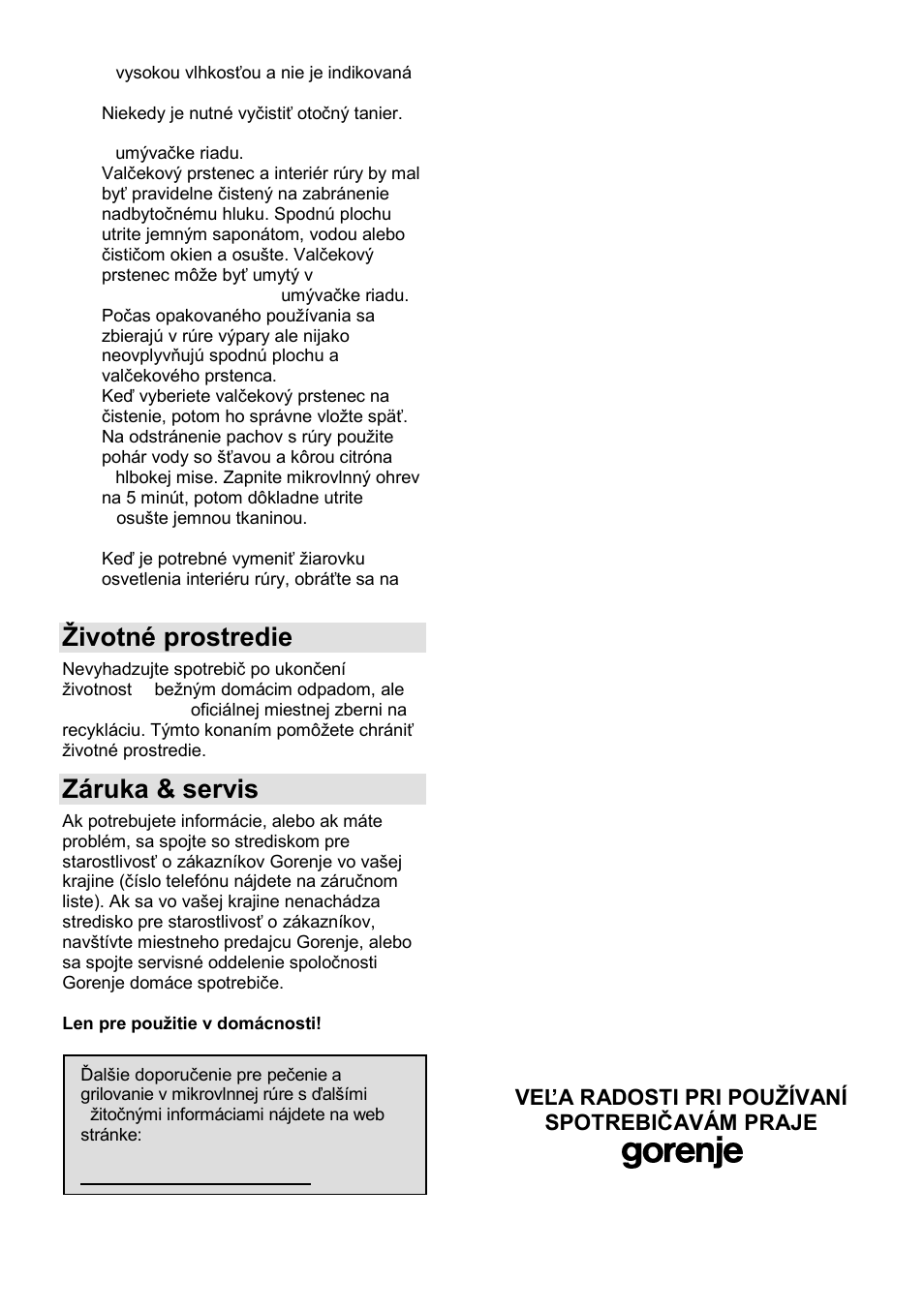 Ņivotné prostredie, Záruka & servis | Gorenje MO-20 DSII User Manual | Page 68 / 104