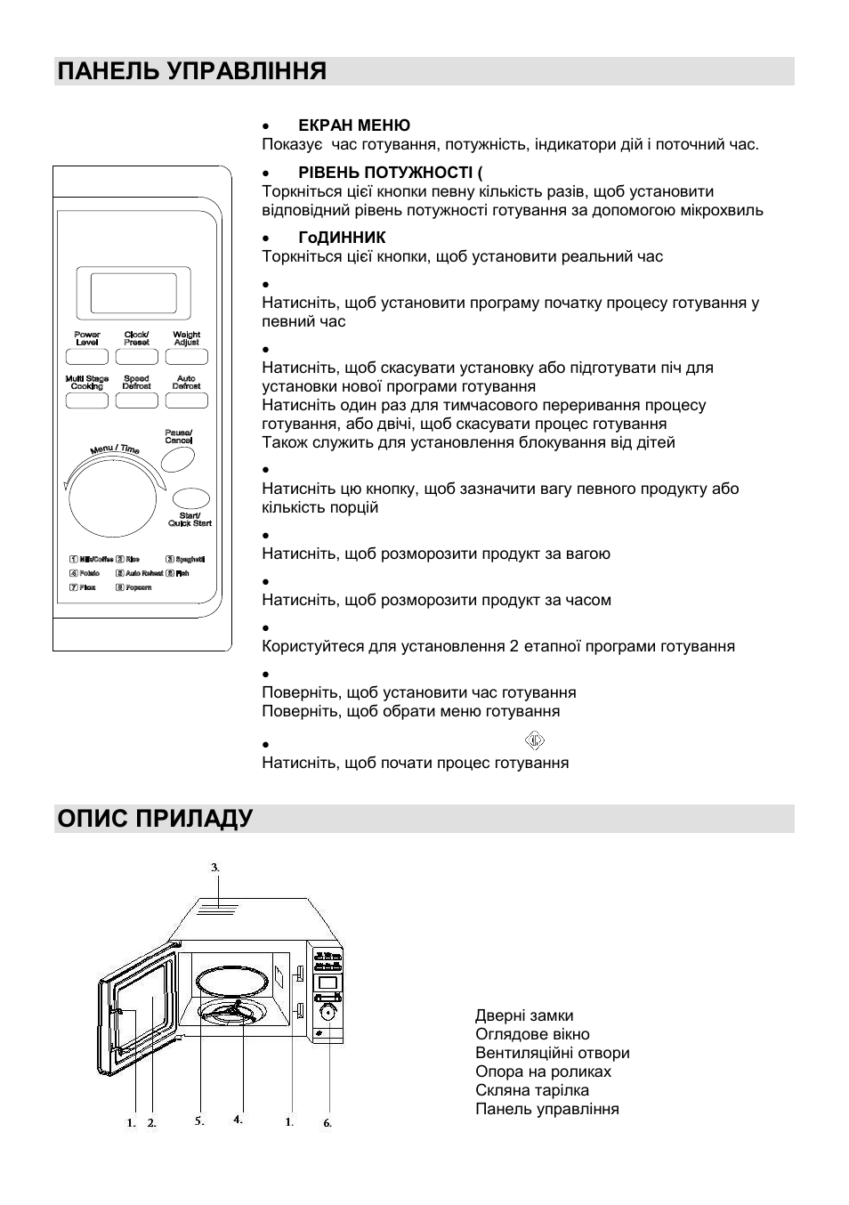 Панель управління, Опис приладу | Gorenje MO-20 DSII User Manual | Page 87 / 104