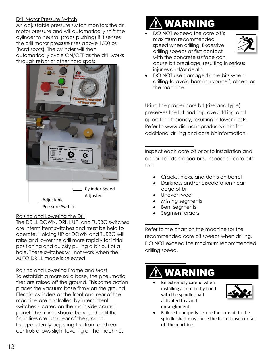Pg13, Inspecting the core bit, Core bit speeds | Installing a core bit | Diamond Products UDM User Manual | Page 16 / 52
