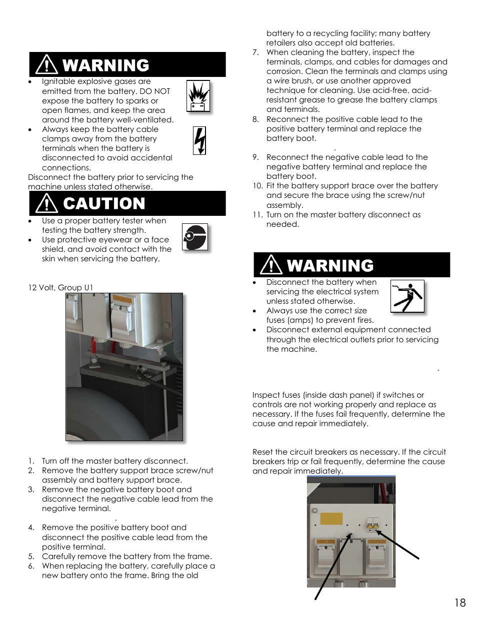 Pg18, Battery, Battery type | Servicing the battery, Electrical system, Fuse panel, Circuit breakers | Diamond Products UDM User Manual | Page 21 / 52