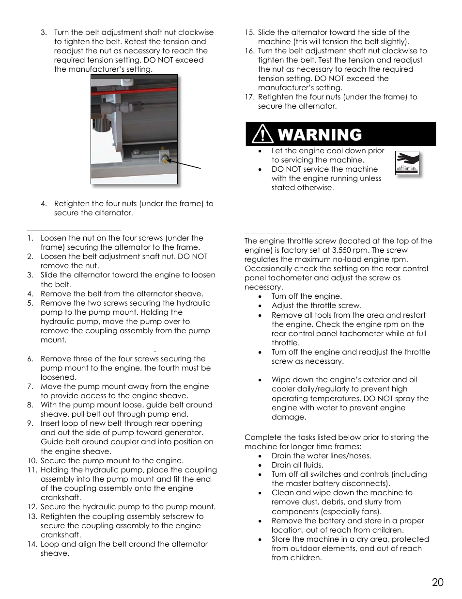 Pg20, Replacing the engine belt, Engine throttle screw | Diamond Products UDM User Manual | Page 23 / 52