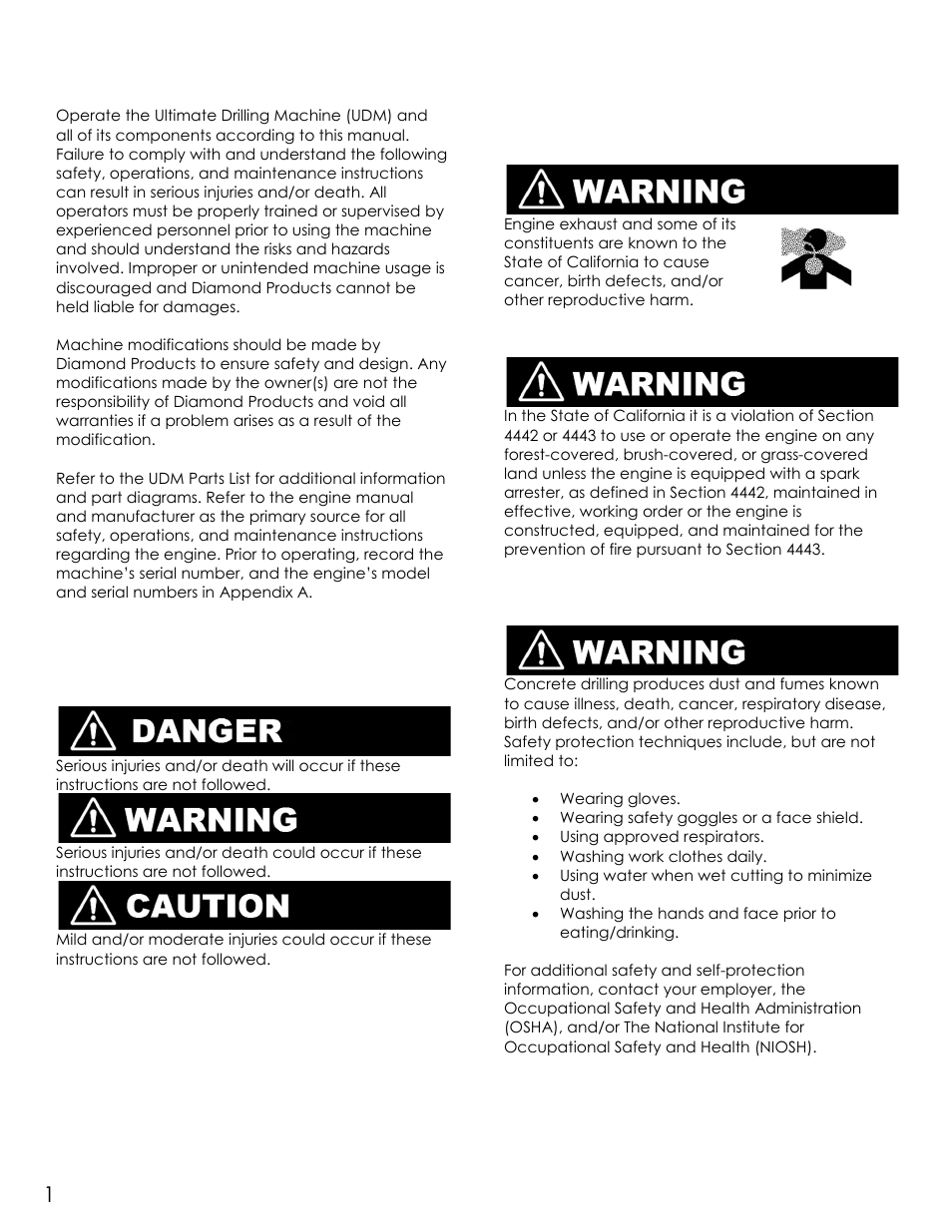 Safety precautions, Safety alerts, Proposition 65 | Spark arrester requirement, Respiratory hazards | Diamond Products UDM User Manual | Page 4 / 52