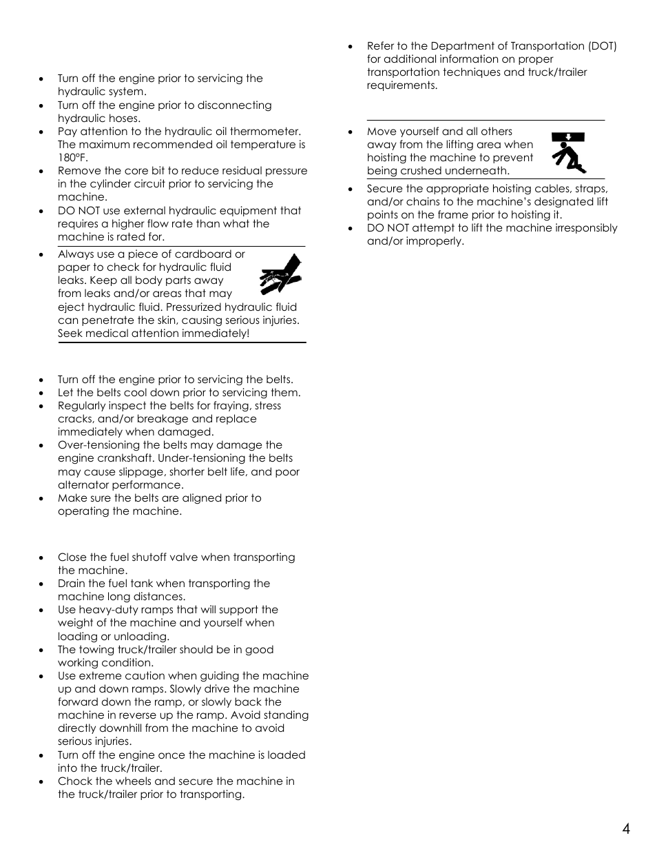 Hydraulic safety, Belt safety, Transporting safety | Lifting safety | Diamond Products UDM User Manual | Page 7 / 52