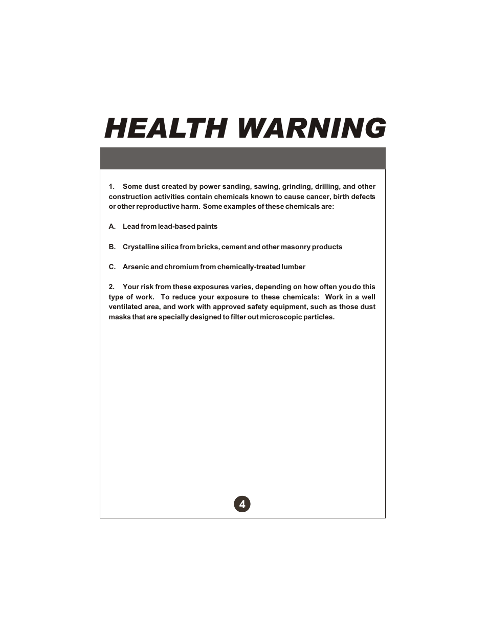 Health warning | Diamond Products CB700 Drill Motor User Manual | Page 5 / 23