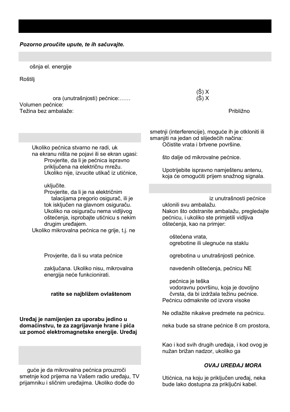 Upute za uporabu hr, Specifikacija, Prije nego pozovete servisera | Radijske smetnje (interferencija), Postavljanje | Gorenje SMO-23 DGB User Manual | Page 10 / 177